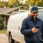 AI wins contractors featured HVAC technician by his service van checking a new appointment on his phone