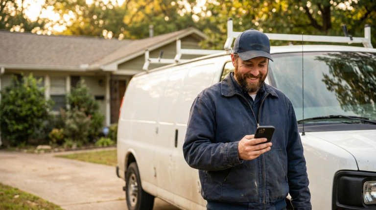 AI wins contractors featured HVAC technician by his service van checking a new appointment on his phone