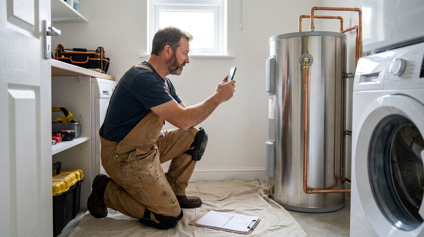 Plumber photographing a newly installed water heater with his smartphone for marketing