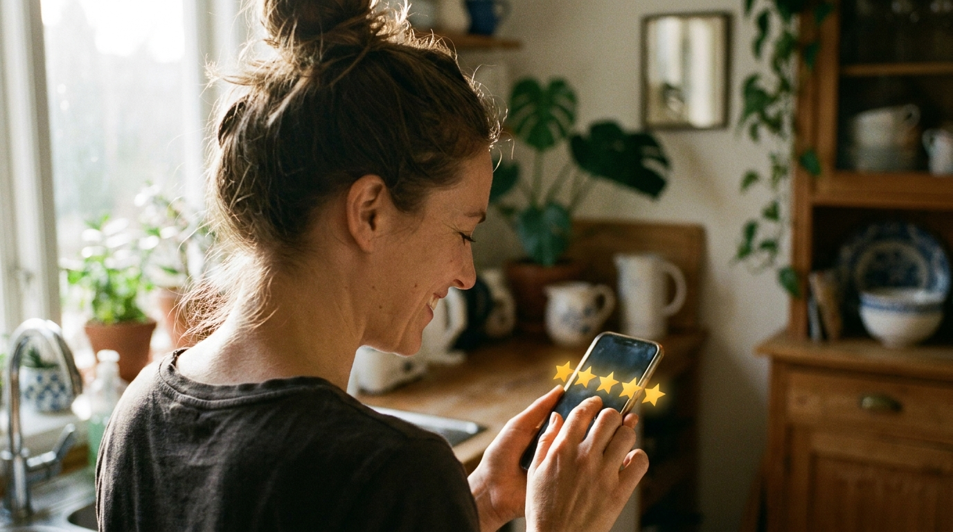 Homeowner leaving a five-star review for a local contractor on her phone
