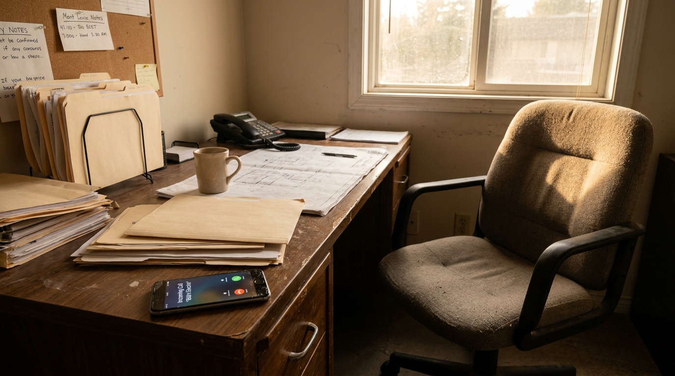 Ringing smartphone with a missed call notification on a contractor's empty office desk