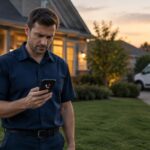 HVAC technician in a plain navy uniform looking at a missed call on his phone outside a home at dusk