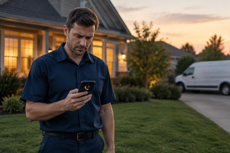 after-hours-missed-call-hvac-featured-800×533 HVAC technician in a plain navy uniform looking at a missed call on his phone outside a home at dusk