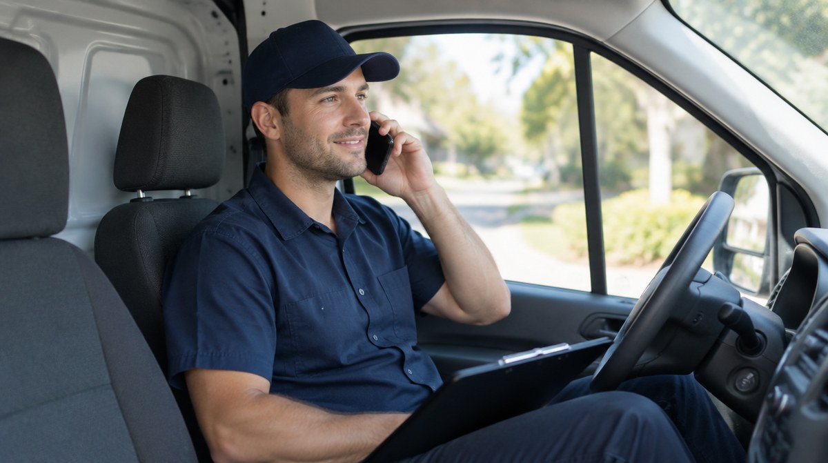 HVAC technician sitting in his service van taking a booked appointment on the phone in morning light