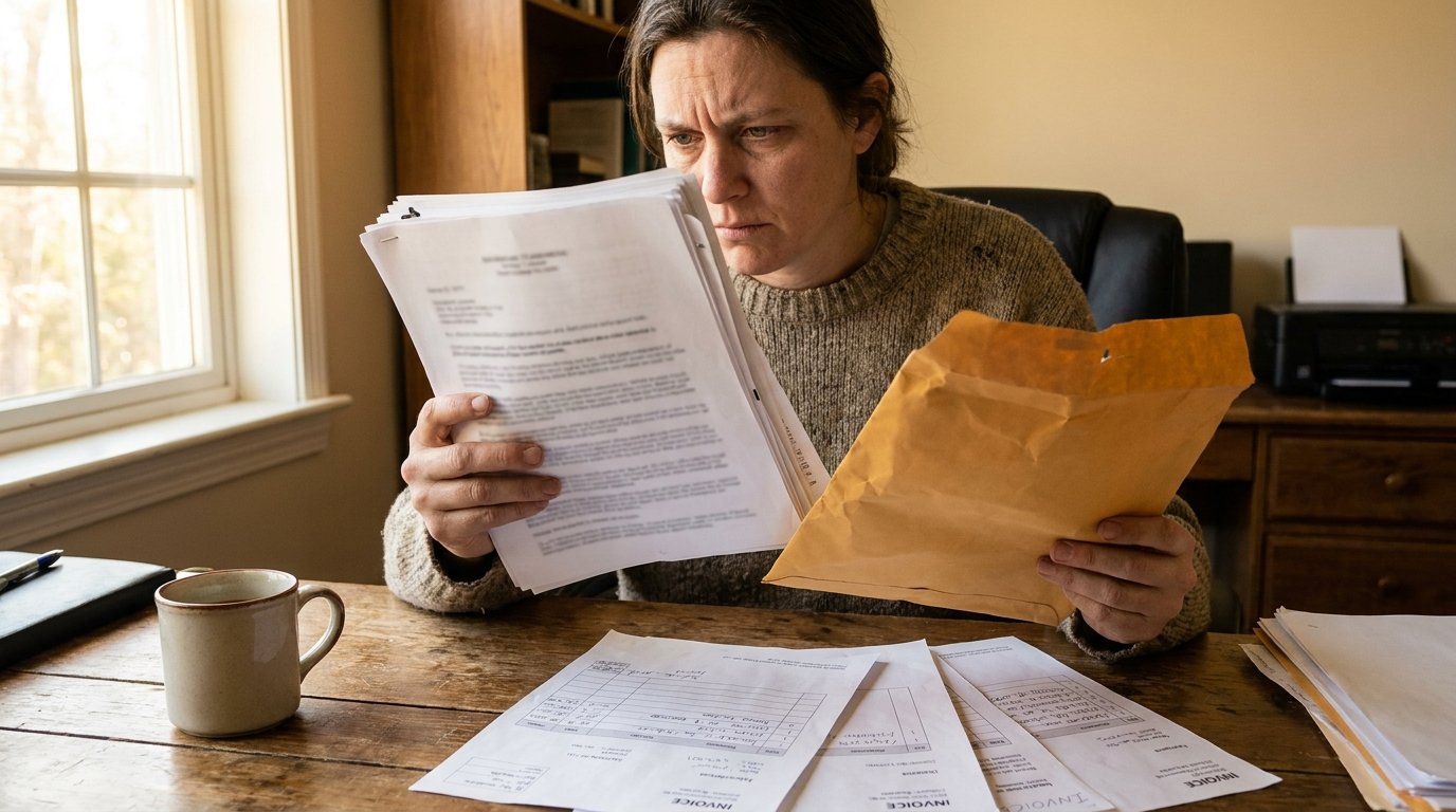 Small business owner at a desk reading a lawsuit letter about his website