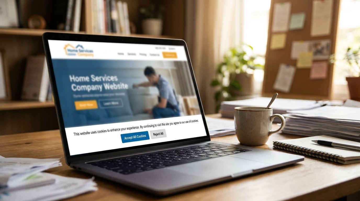 website privacy lawsuits cookie consent banner Laptop on a small business desk showing a website cookie consent banner with Accept All Cookies and Reject All buttons