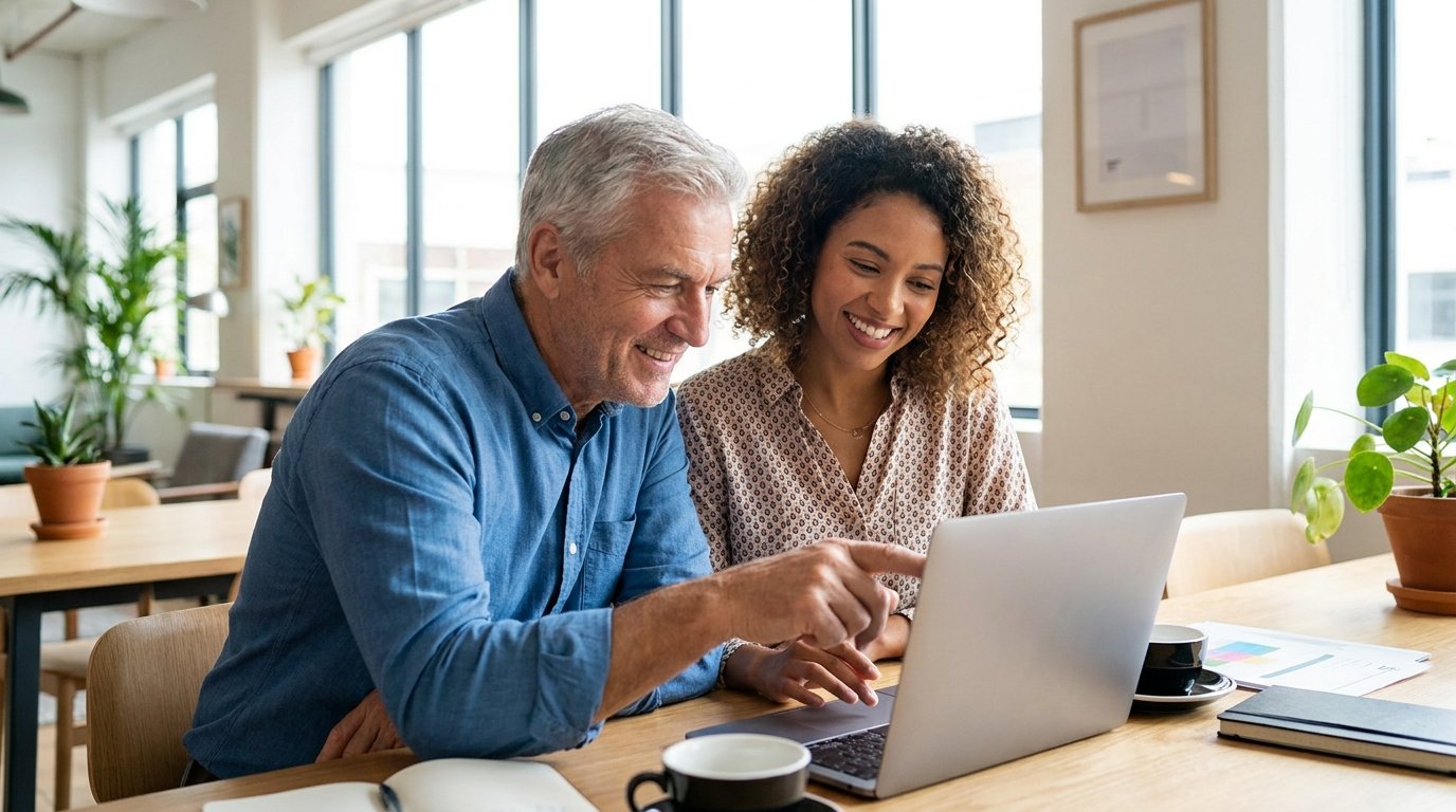 Business owner and web designer reviewing website settings together on a laptop